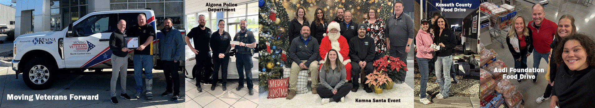 Kemna GMC team supporting the Algona, Iowa community — Moving Veterans Forward donation, local police partnership, Christmas with Santa, holiday giving, and Kossuth County Food Bank support